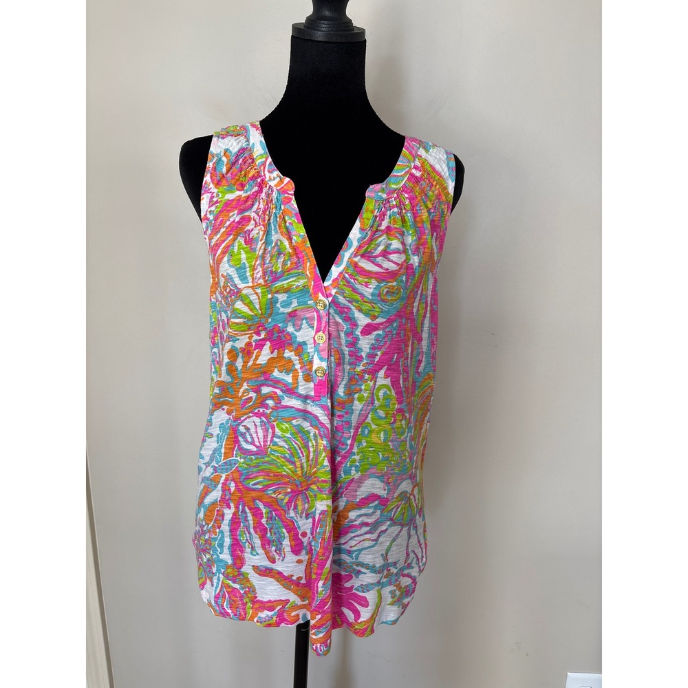 Lilly Pulitzer Essie Pink Coral Reef Print Sleeveless Cotton Tunic Top Medium